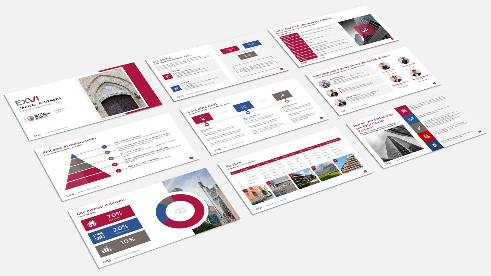 The image shows a collection of slides from a presentation portfolio for EXVI Capital Partners. The slides feature a professional and clean design with a red and white color scheme that aligns with the company's branding. Various elements such as charts, graphs, and images are neatly organized to present information in an easily digestible format. Text sections are concise and focused, providing key insights into EXVI's offerings, investment processes, market coverage, and dedicated team. The overall layout is structured to guide the viewer through EXVI's narrative in a logical progression, emphasizing its strategic approach to finance.