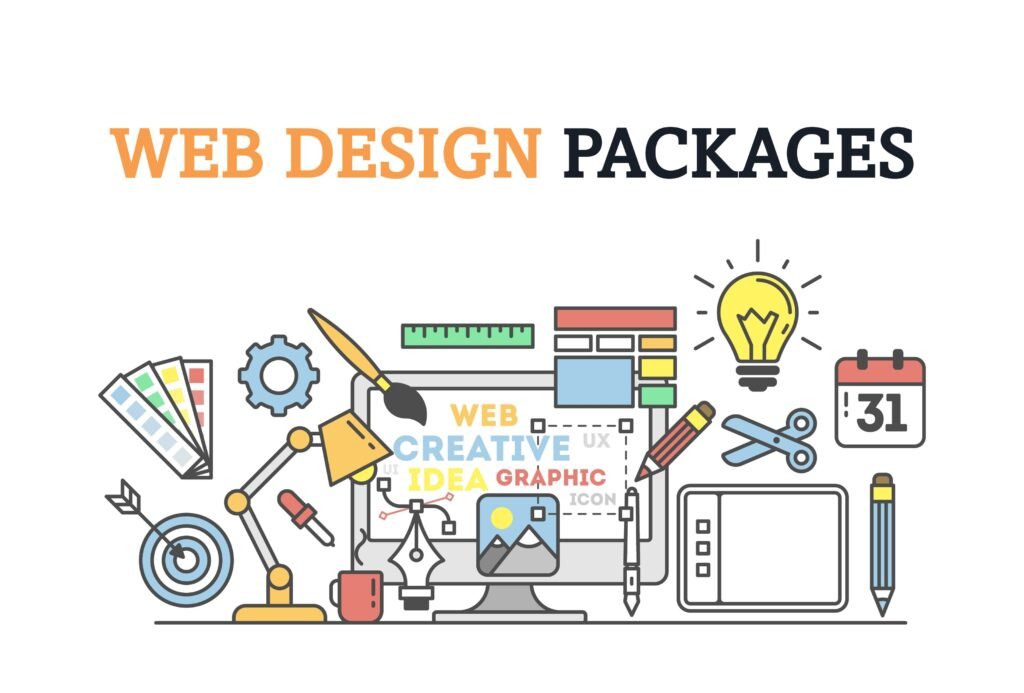 Colorful linear graphic illustration of web design packages featuring a computer monitor with creative graphics, user interface elements, color swatches, tools, a lightbulb for ideas, calendar, and drawing tablet, encapsulating a comprehensive range of design services for websites.